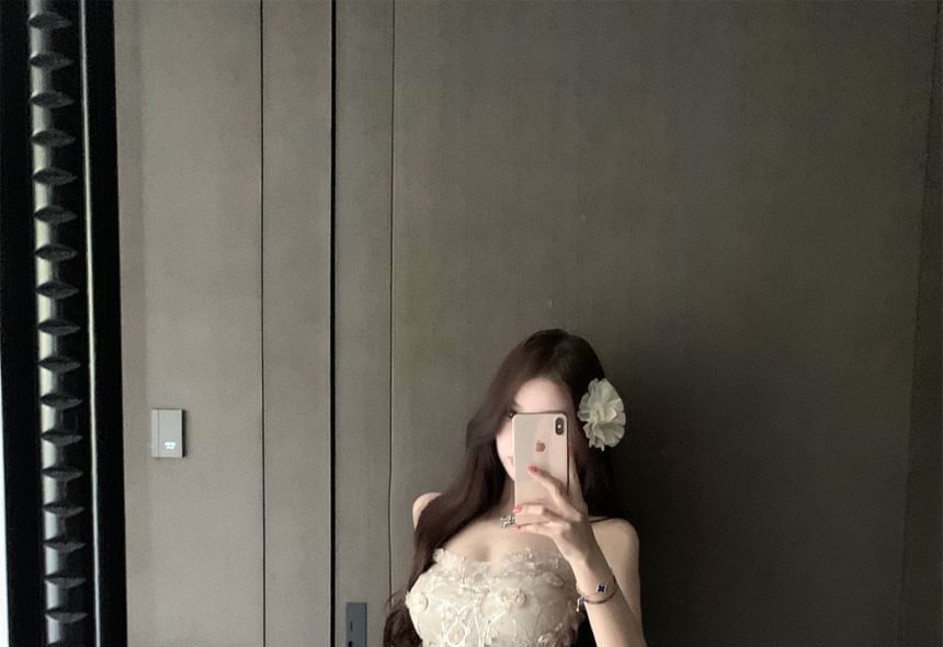 Lace Crop Tube Top / High Waist Plain Slit Maxi A-Line Skirt