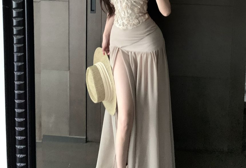 Lace Crop Tube Top / High Waist Plain Slit Maxi A-Line Skirt