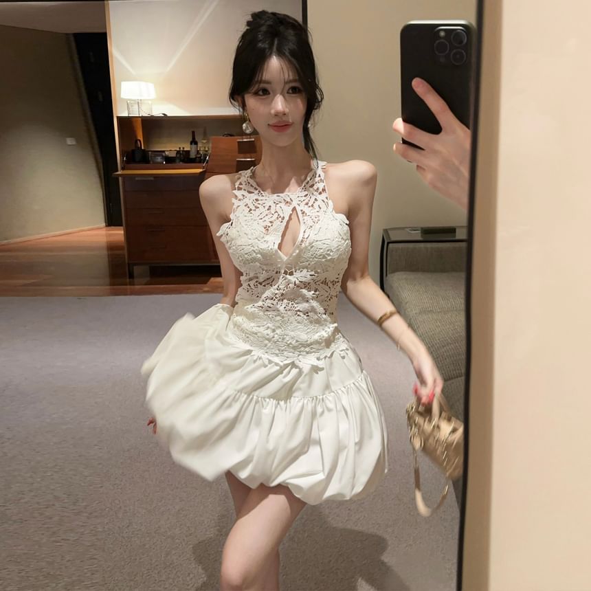 Crew Neck Cutout Lace Crop Tank Top / High Waist Plain Bubble Hem Mini A-Line Skirt