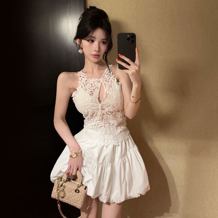 Crew Neck Cutout Lace Crop Tank Top / High Waist Plain Bubble Hem Mini A-Line Skirt
