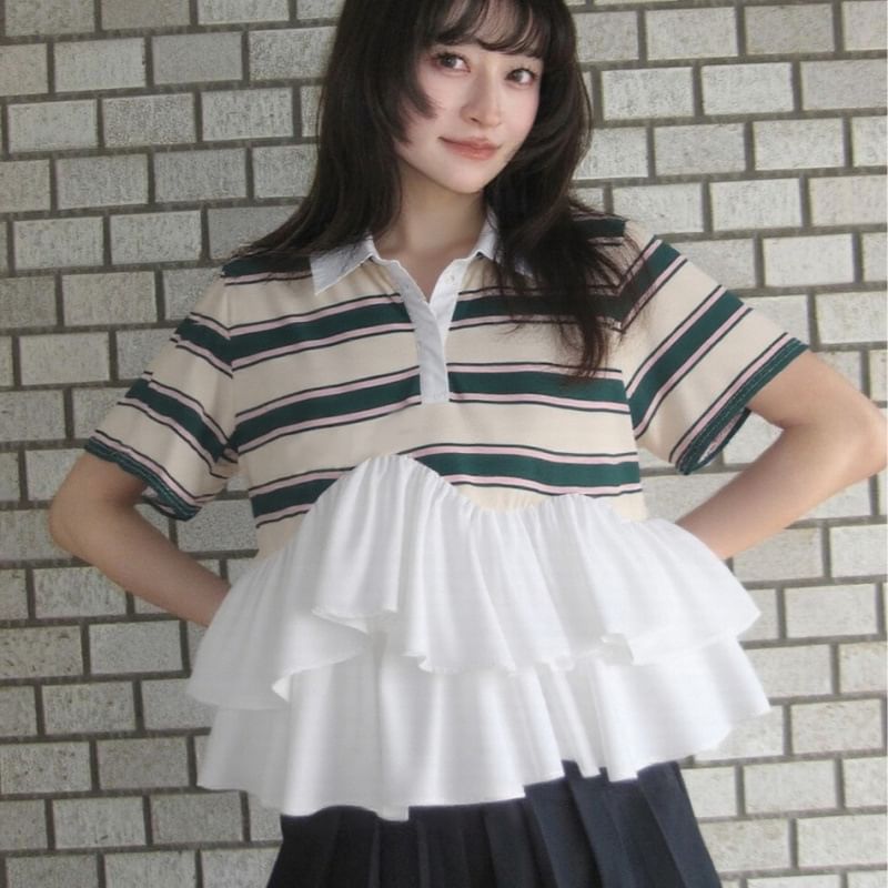 Striped Ruffle Polo Shirt -