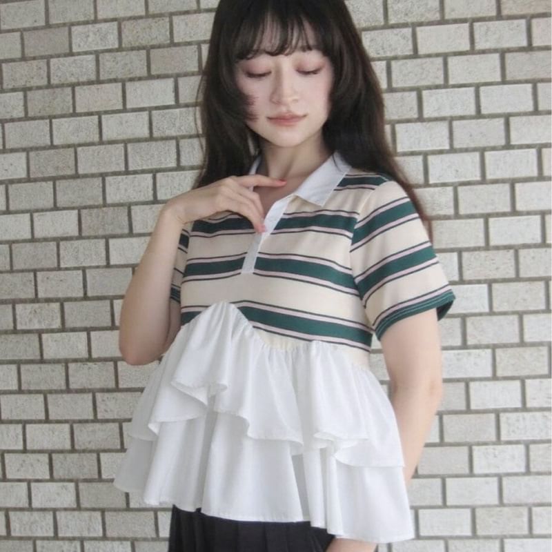 Striped Ruffle Polo Shirt -