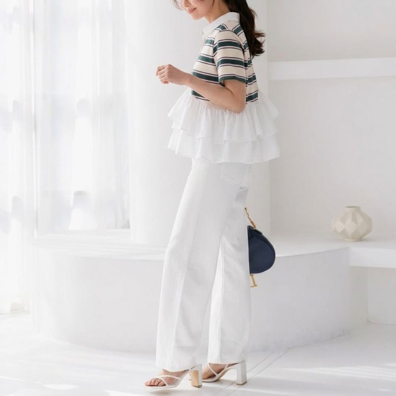 Striped Ruffle Polo Shirt -