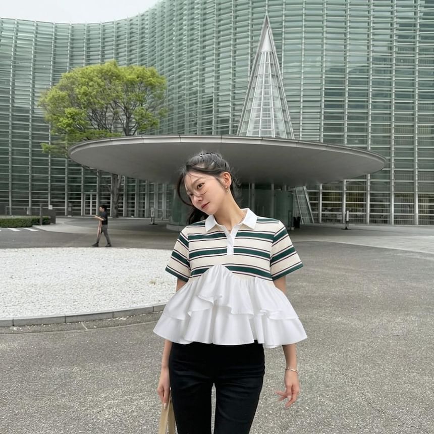 Striped Ruffle Polo Shirt -