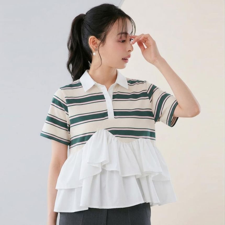 Striped Ruffle Polo Shirt -
