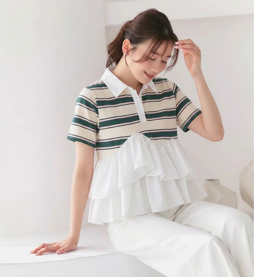 Striped Ruffle Polo Shirt -
