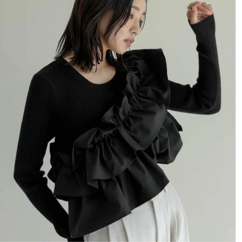 Ruffled Round Neck Long-Sleeve Knit -