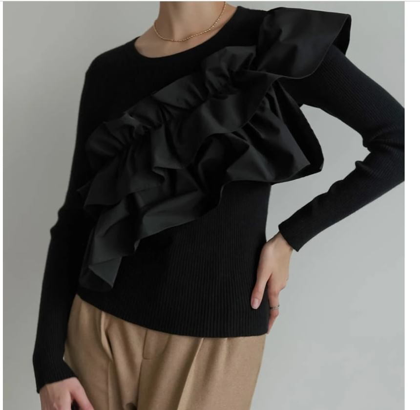 Ruffled Round Neck Long-Sleeve Knit -