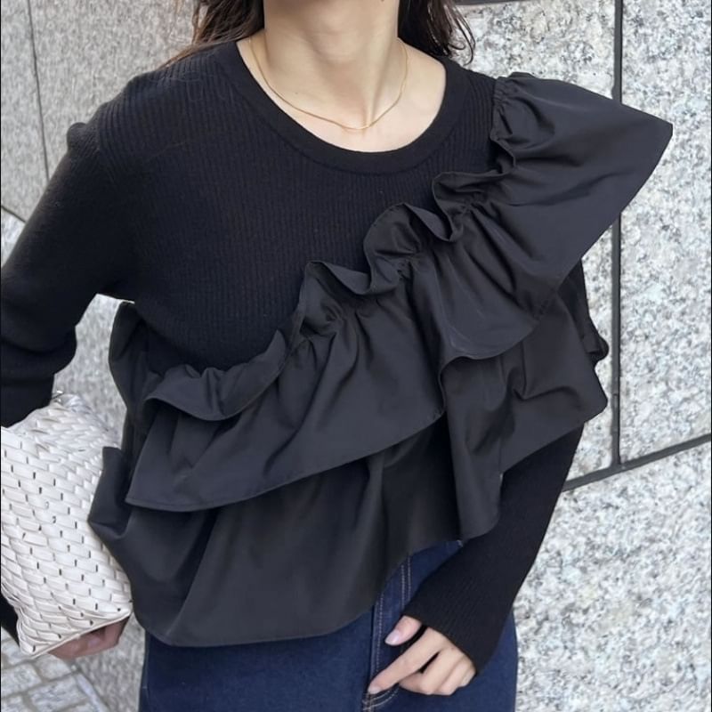 Ruffled Round Neck Long-Sleeve Knit -