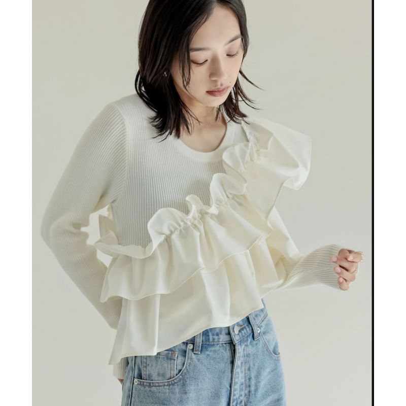 Ruffled Round Neck Long-Sleeve Knit -