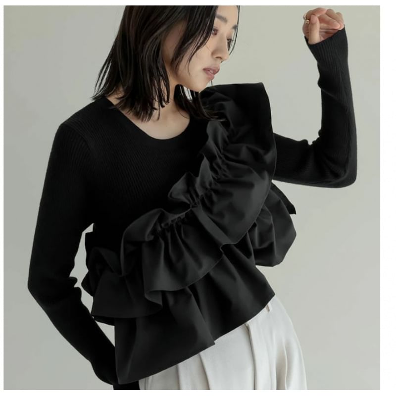 Ruffled Round Neck Long-Sleeve Knit -