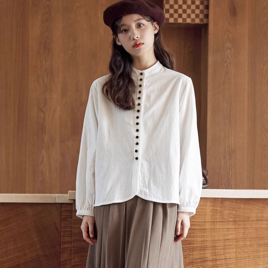 Band Collar Long-Sleeve Button Blouse -