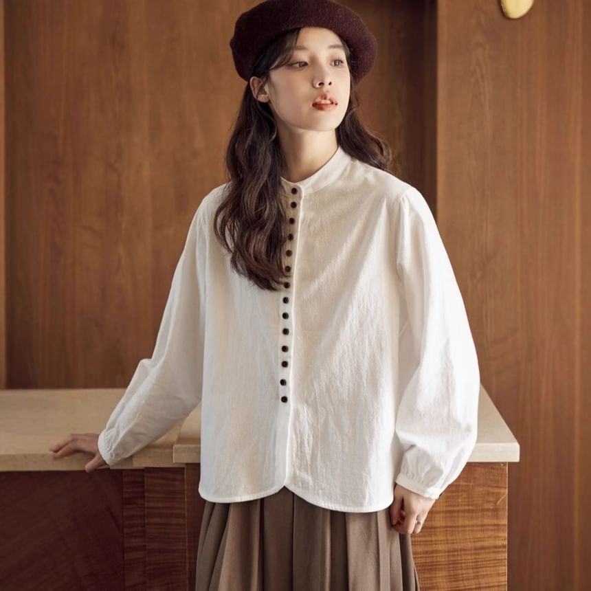 Band Collar Long-Sleeve Button Blouse -