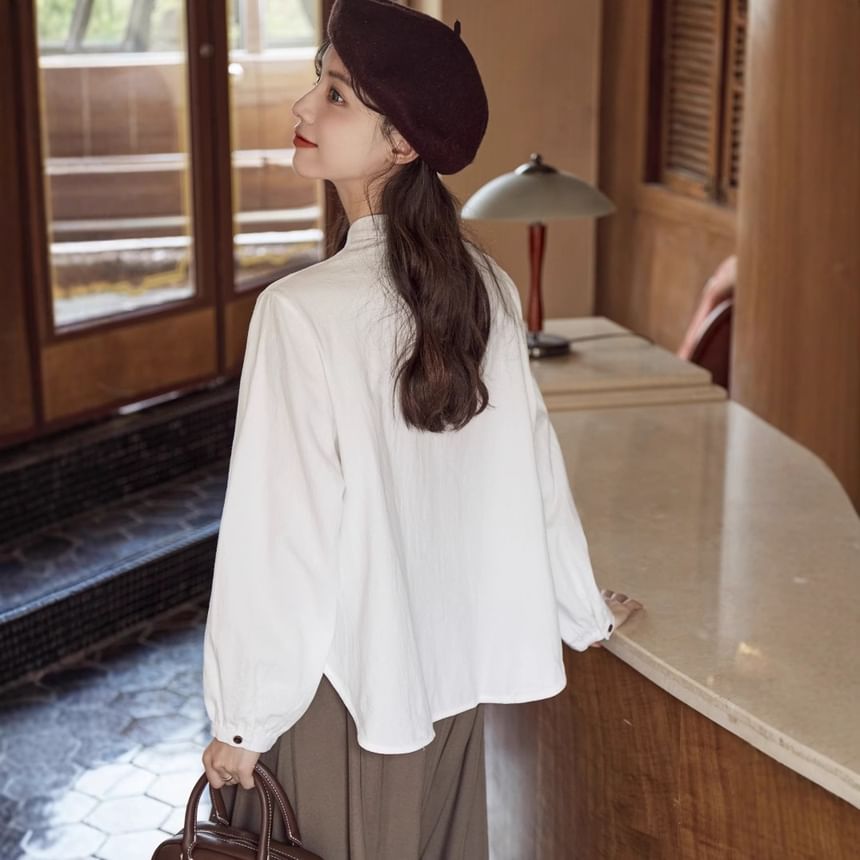 Band Collar Long-Sleeve Button Blouse -
