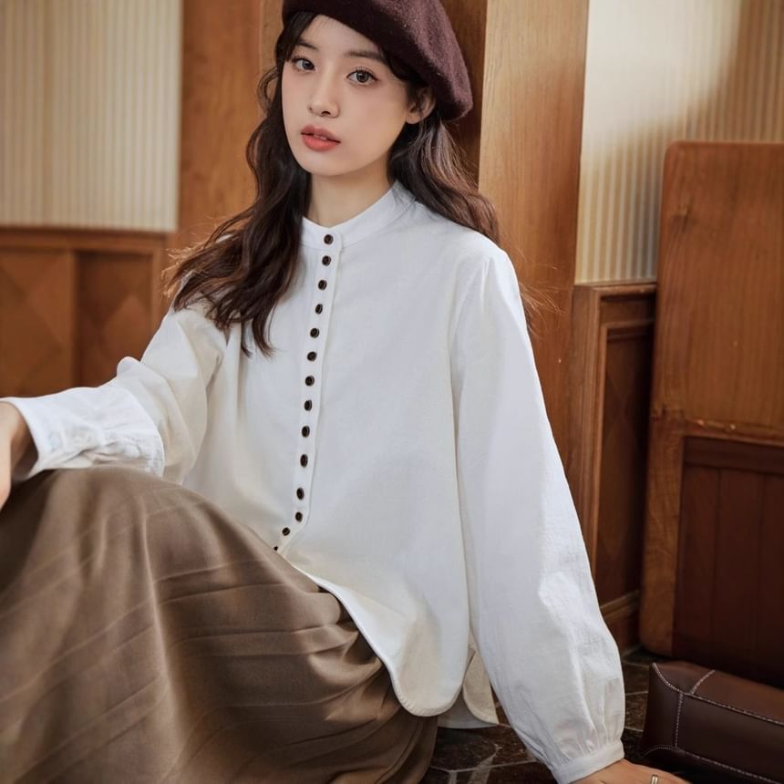 Band Collar Long-Sleeve Button Blouse -