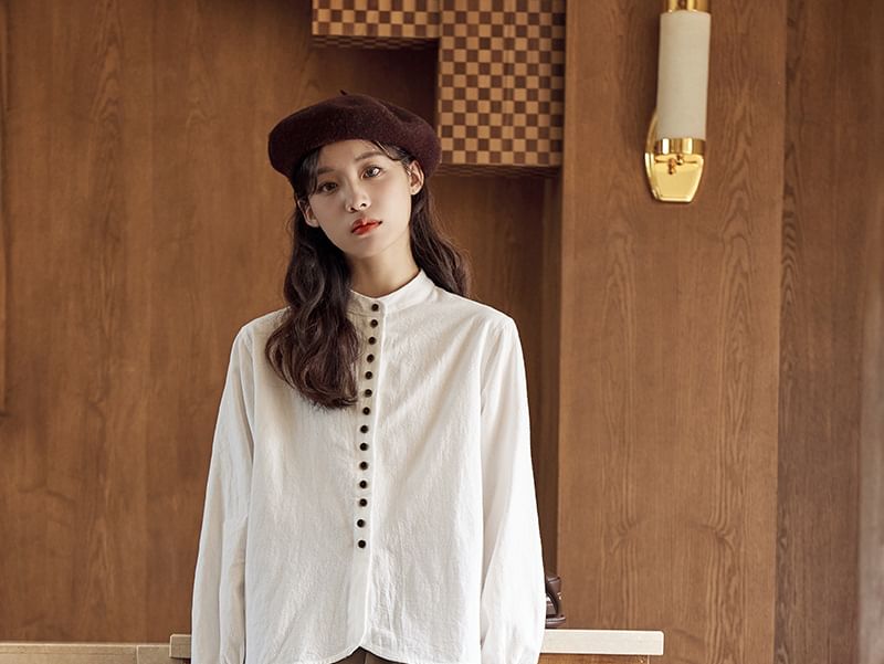 Band Collar Long-Sleeve Button Blouse -