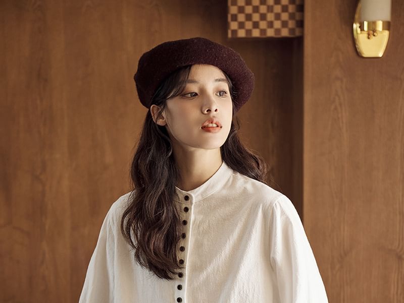 Band Collar Long-Sleeve Button Blouse -