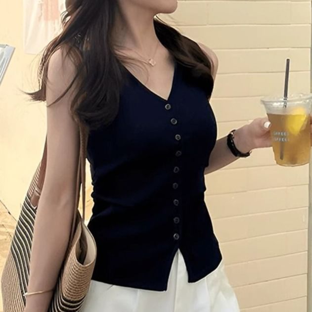 Solid V-Neck Sleeveless Knit Button-Up Top
