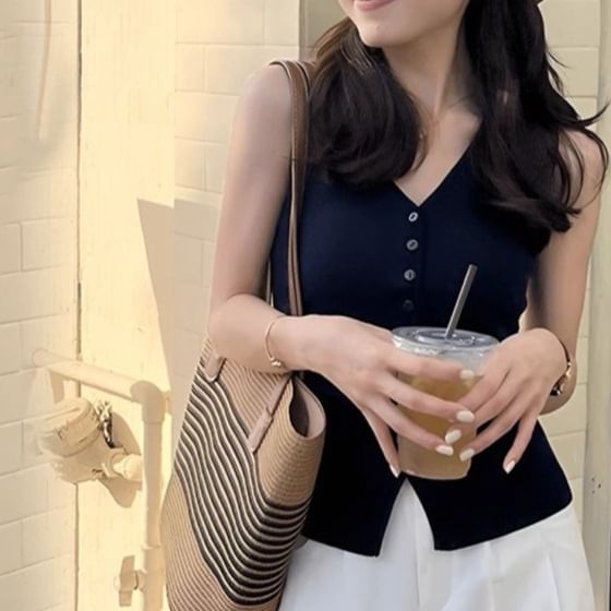 Solid V-Neck Sleeveless Knit Button-Up Top