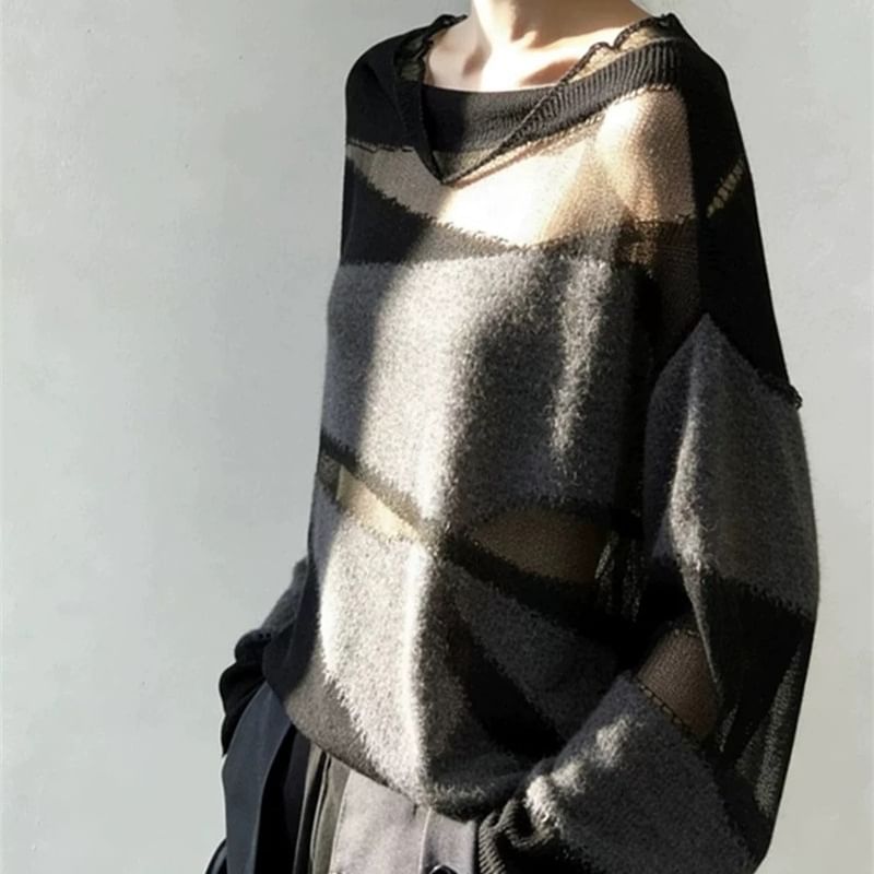 Sheer Cowl-Neck Long-Sleeve Panel Knit Top