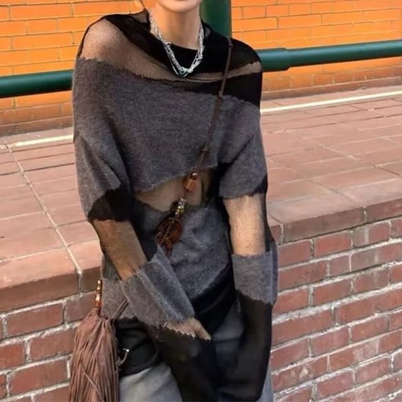 Sheer Cowl-Neck Long-Sleeve Panel Knit Top