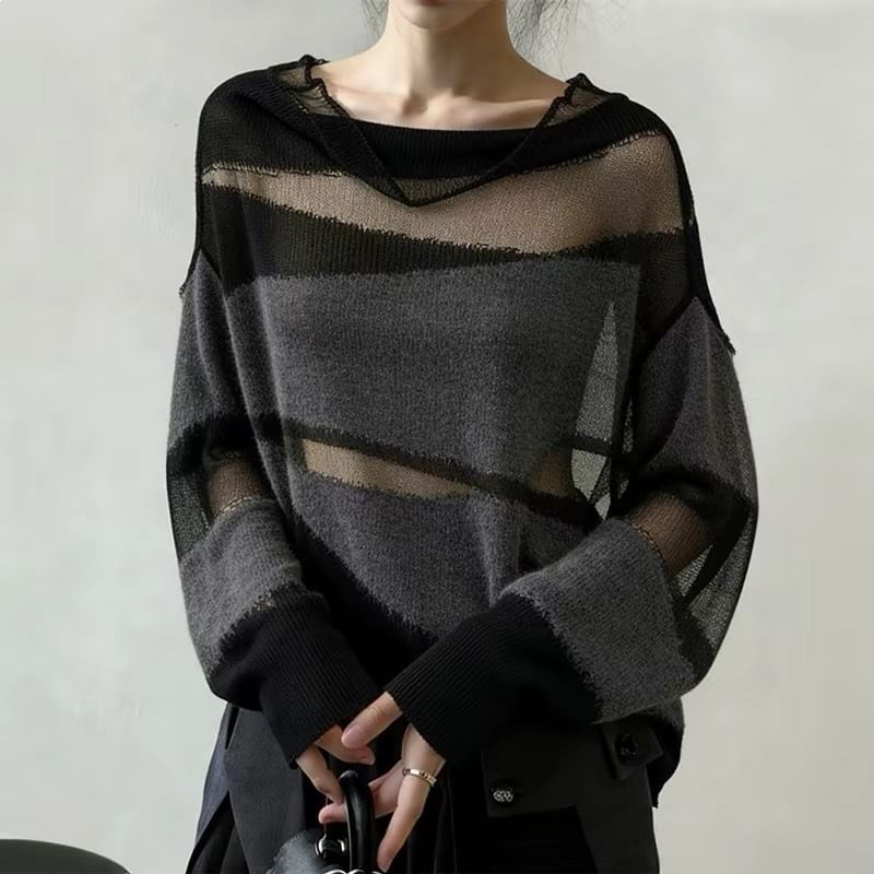 Sheer Cowl-Neck Long-Sleeve Panel Knit Top