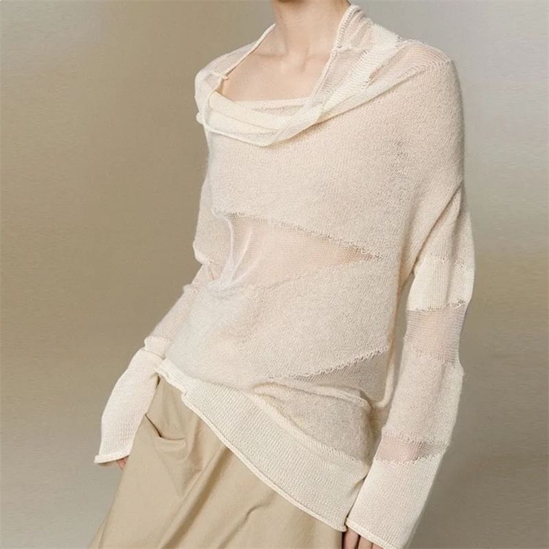 Sheer Cowl-Neck Long-Sleeve Panel Knit Top