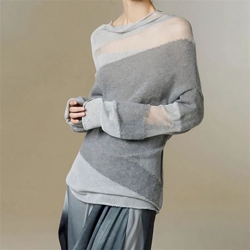 Sheer Cowl-Neck Long-Sleeve Panel Knit Top