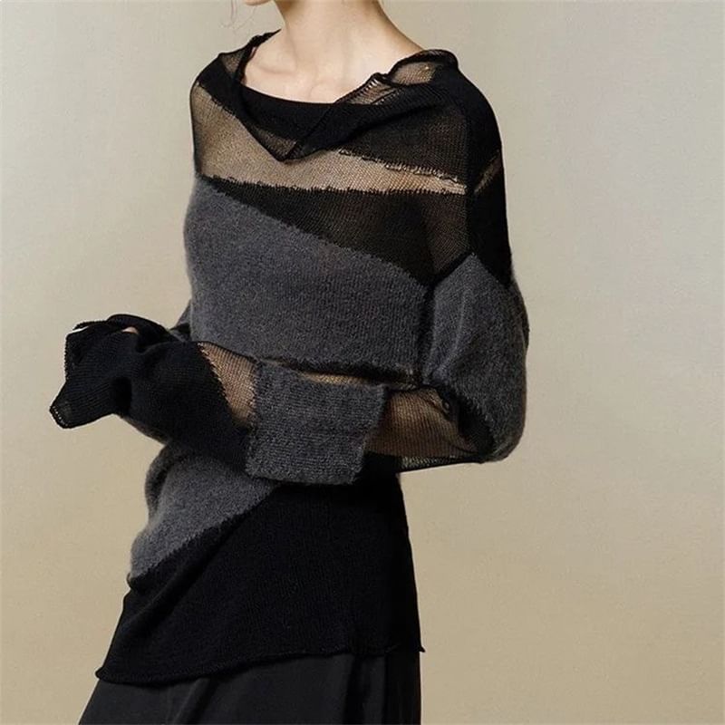 Sheer Cowl-Neck Long-Sleeve Panel Knit Top