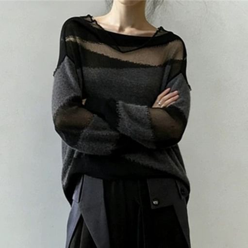 Sheer Cowl-Neck Long-Sleeve Panel Knit Top
