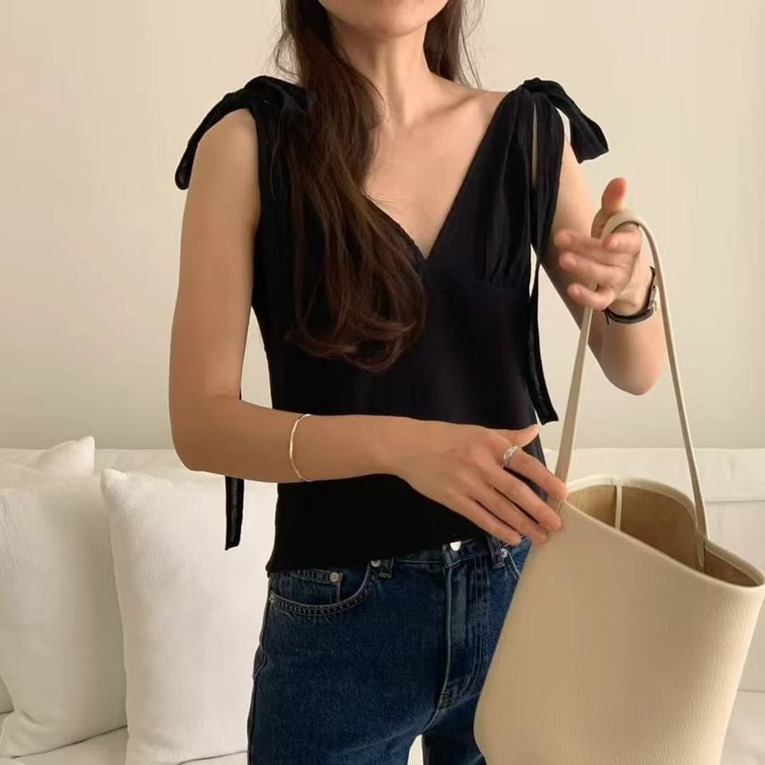 Slim-Fit V-Neck Tie-Strap Tank in Solid Hue