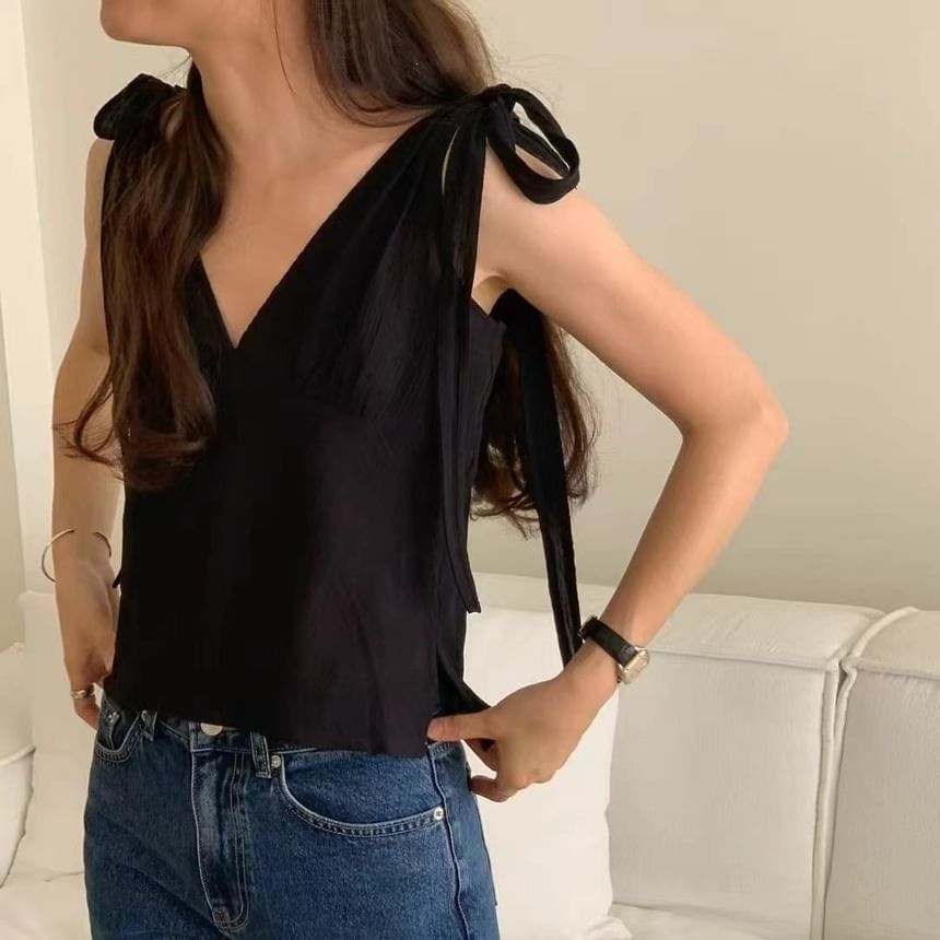 Slim-Fit V-Neck Tie-Strap Tank in Solid Hue