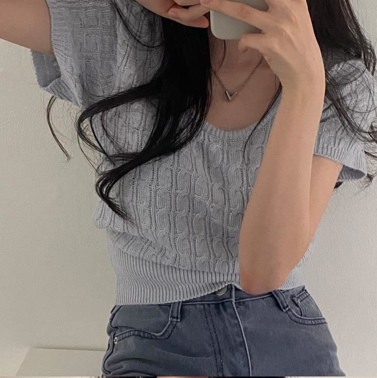 Cropped Cable-Knit Scoop Neck Tee -