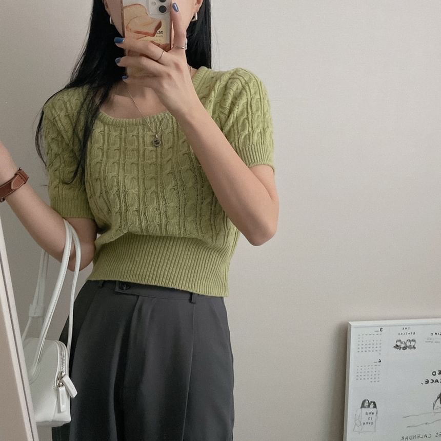 Cropped Cable-Knit Scoop Neck Tee -