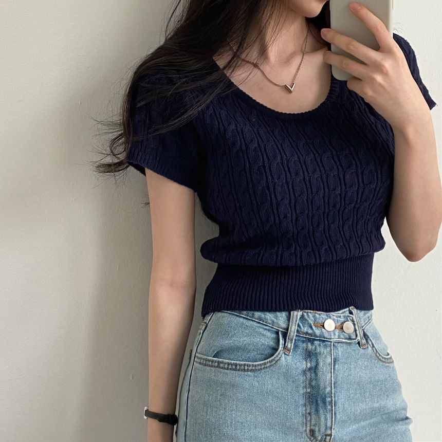 Cropped Cable-Knit Scoop Neck Tee -
