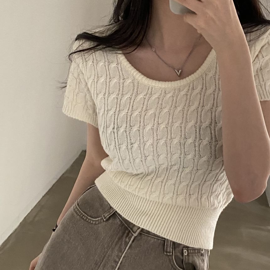 Cropped Cable-Knit Scoop Neck Tee -