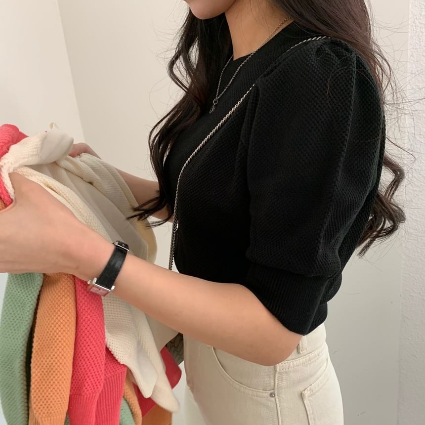 Textured Puff-Sleeve Fitted Top -