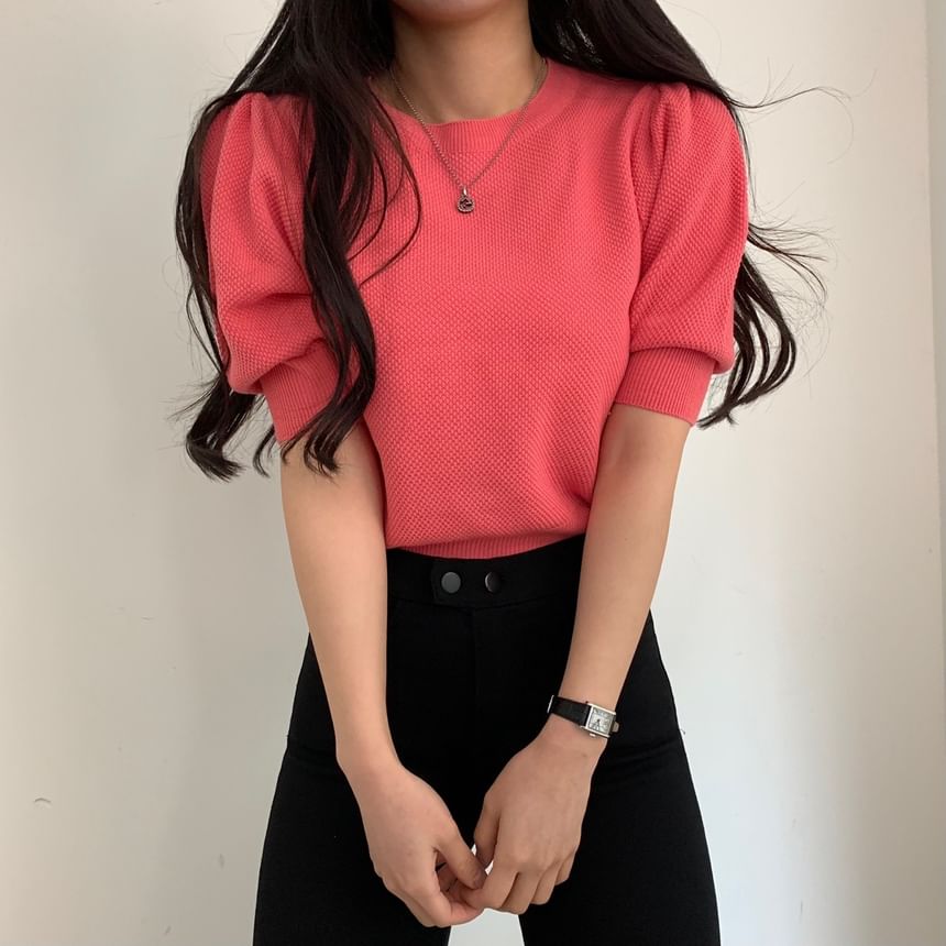 Textured Puff-Sleeve Fitted Top -