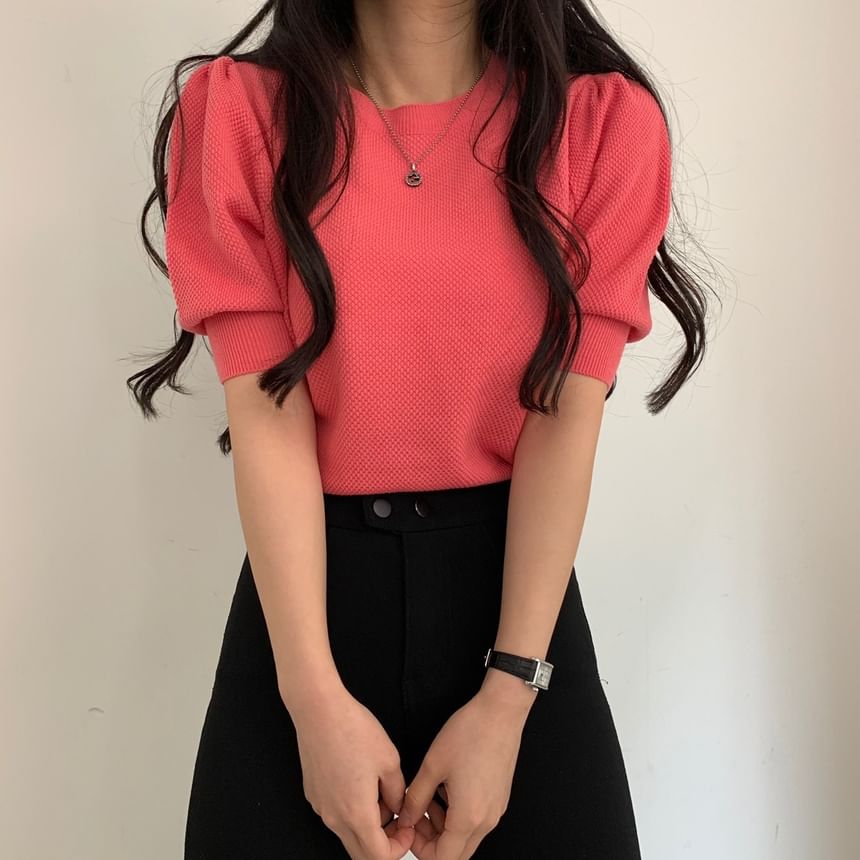Textured Puff-Sleeve Fitted Top -