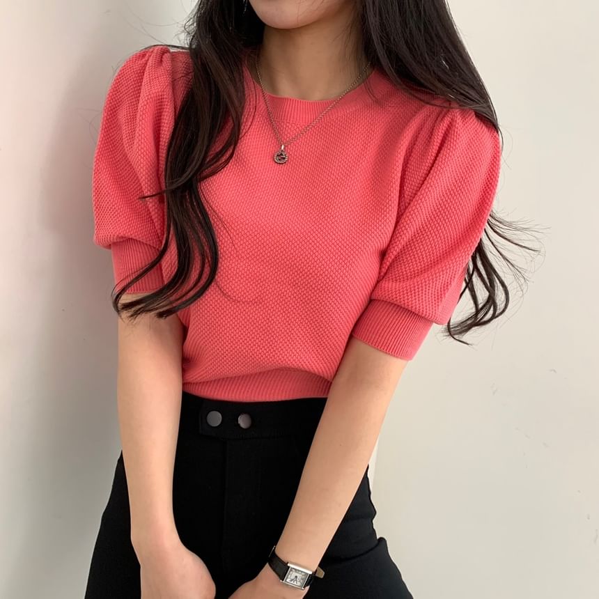 Textured Puff-Sleeve Fitted Top -