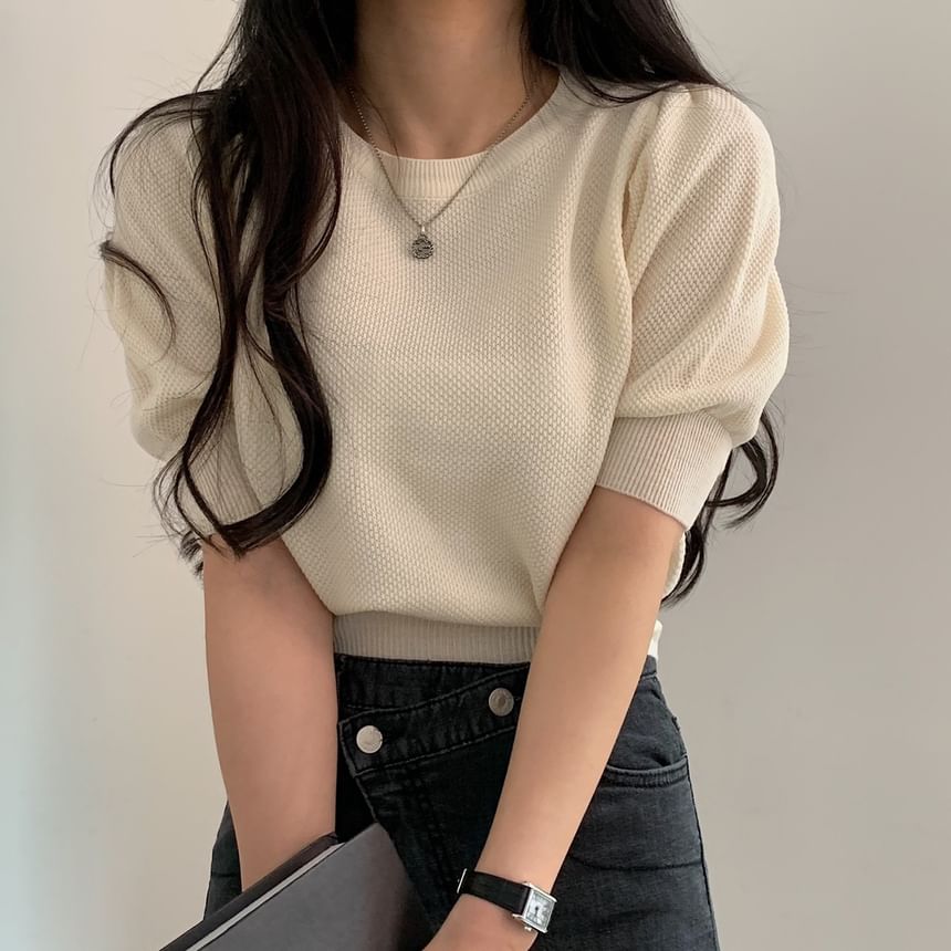 Textured Puff-Sleeve Fitted Top -