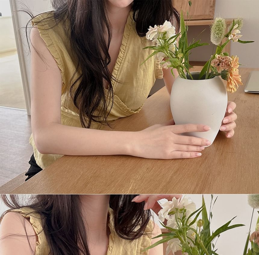 Tie-Waist Ruffled V-Neck Sleeveless Blouse -