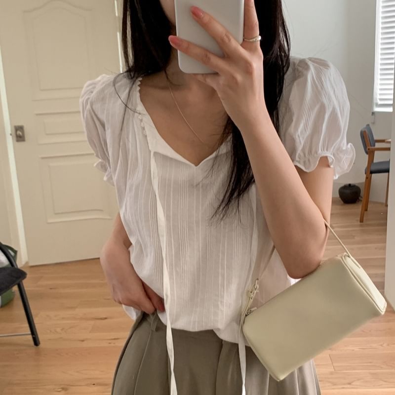 Voluminous V-Neck Striped Ruffled Blouse -