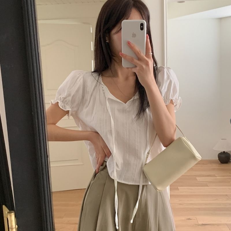 Voluminous V-Neck Striped Ruffled Blouse -