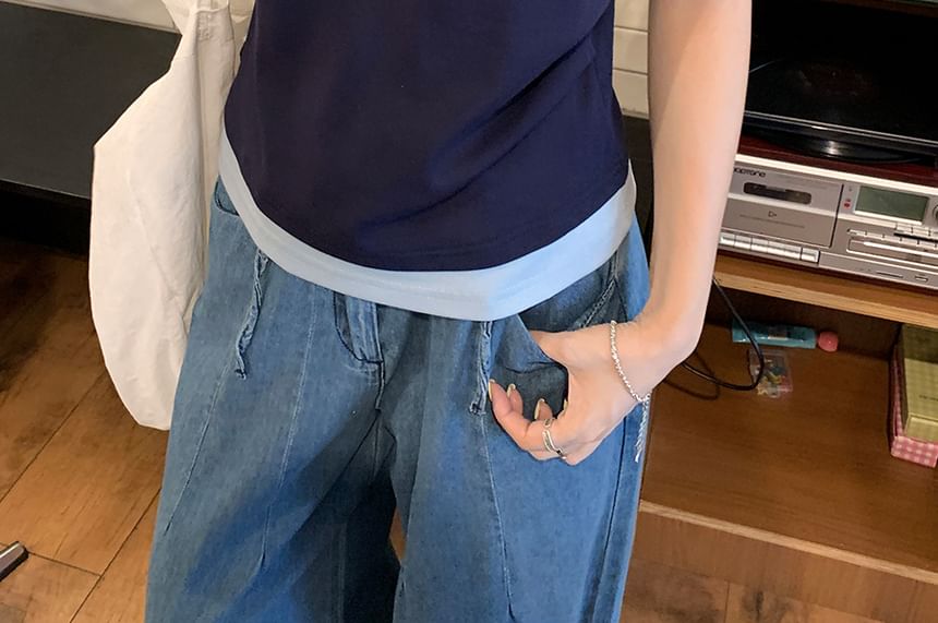 Color-Block Mock Two-Piece Fitted T-Shirt