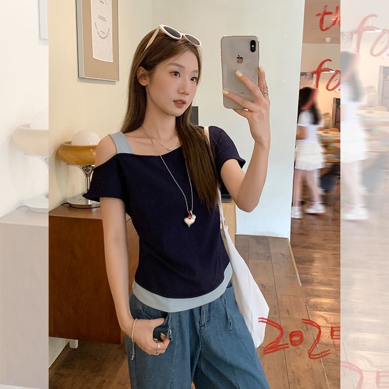 Color-Block Mock Two-Piece Fitted T-Shirt