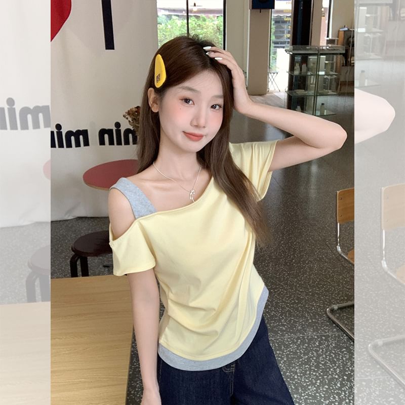 Color-Block Mock Two-Piece Fitted T-Shirt