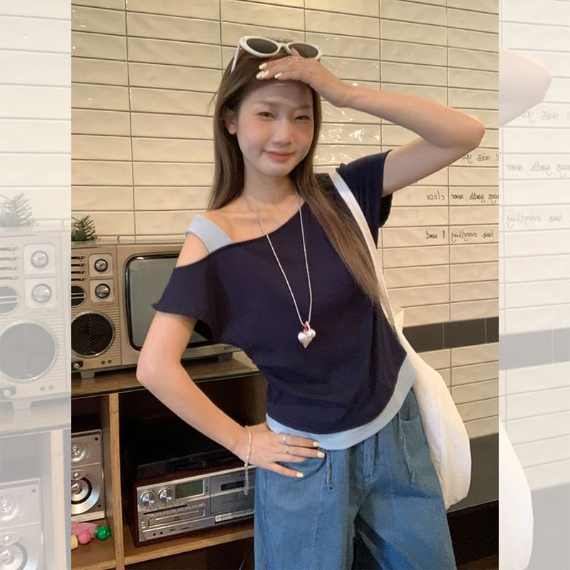 Color-Block Mock Two-Piece Fitted T-Shirt
