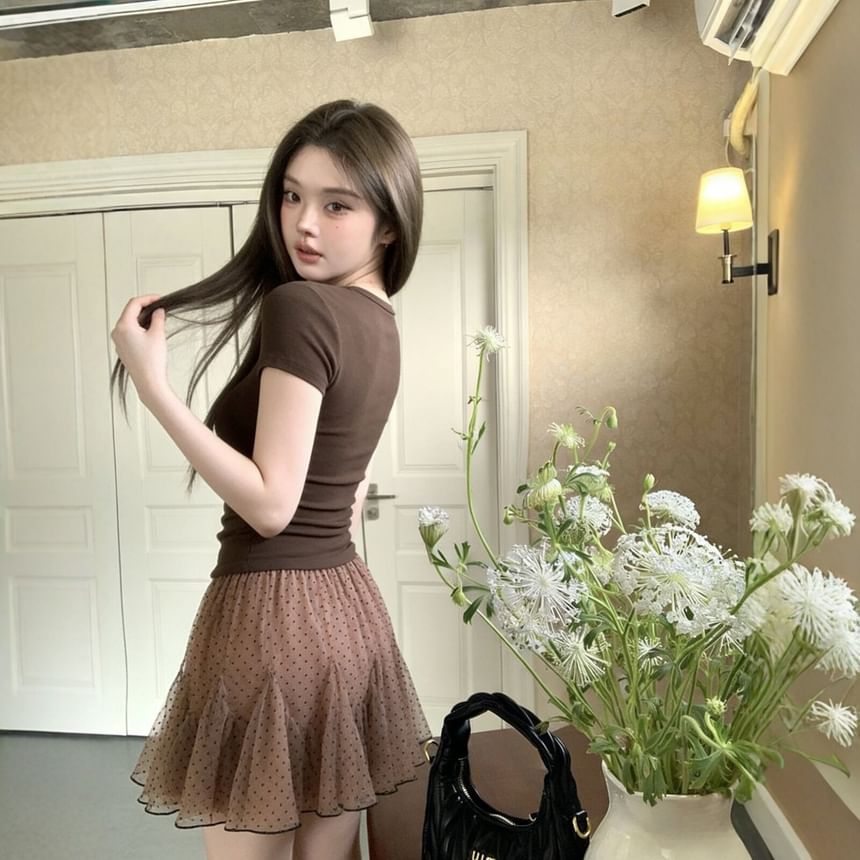 Fitted Tee & Polka Dot Mini Skirt Set -