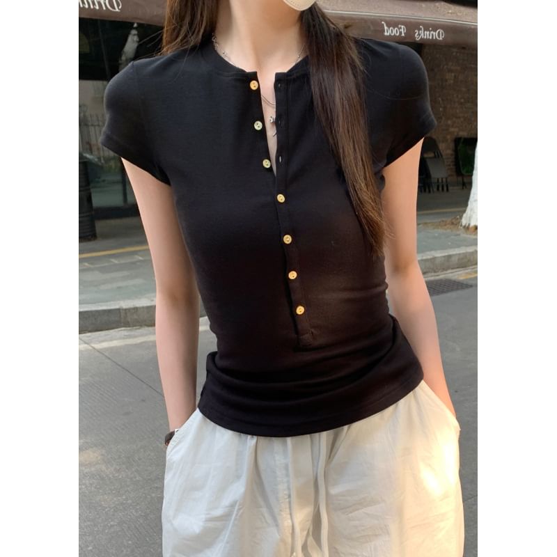 Button-Front Round Neck Fitted Tee -